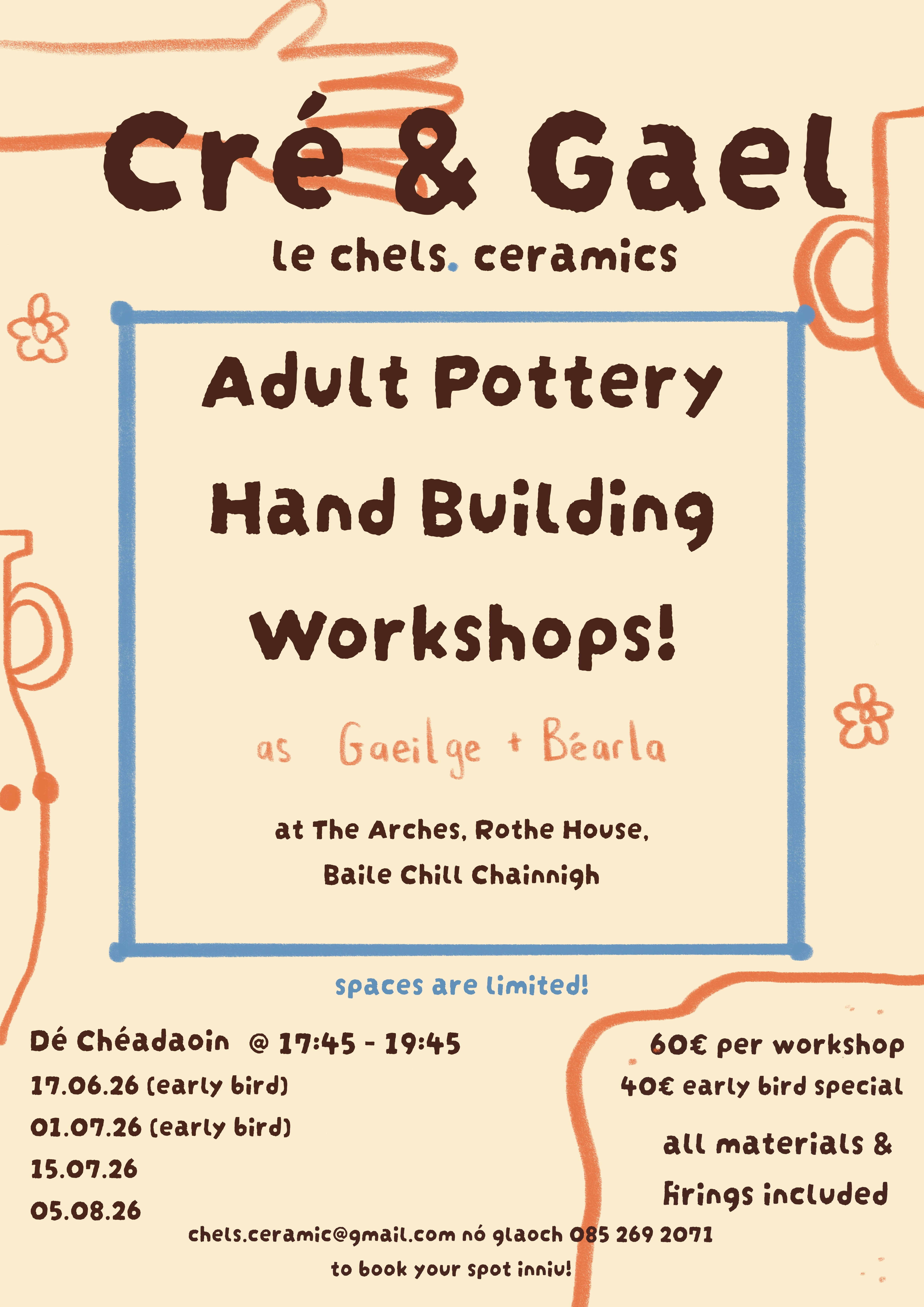 Poster for bilingual ceramics workshops at Rothe House